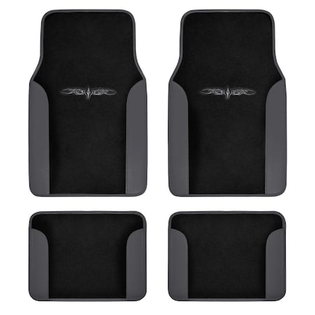 BDK carXS Fresh Two-Tone Carpet Floor Mats, Tribal Tattoo Design with Vinyl Trim for Car Sedan Truck SUV, Front & Rear Set of 4, Dark Grey